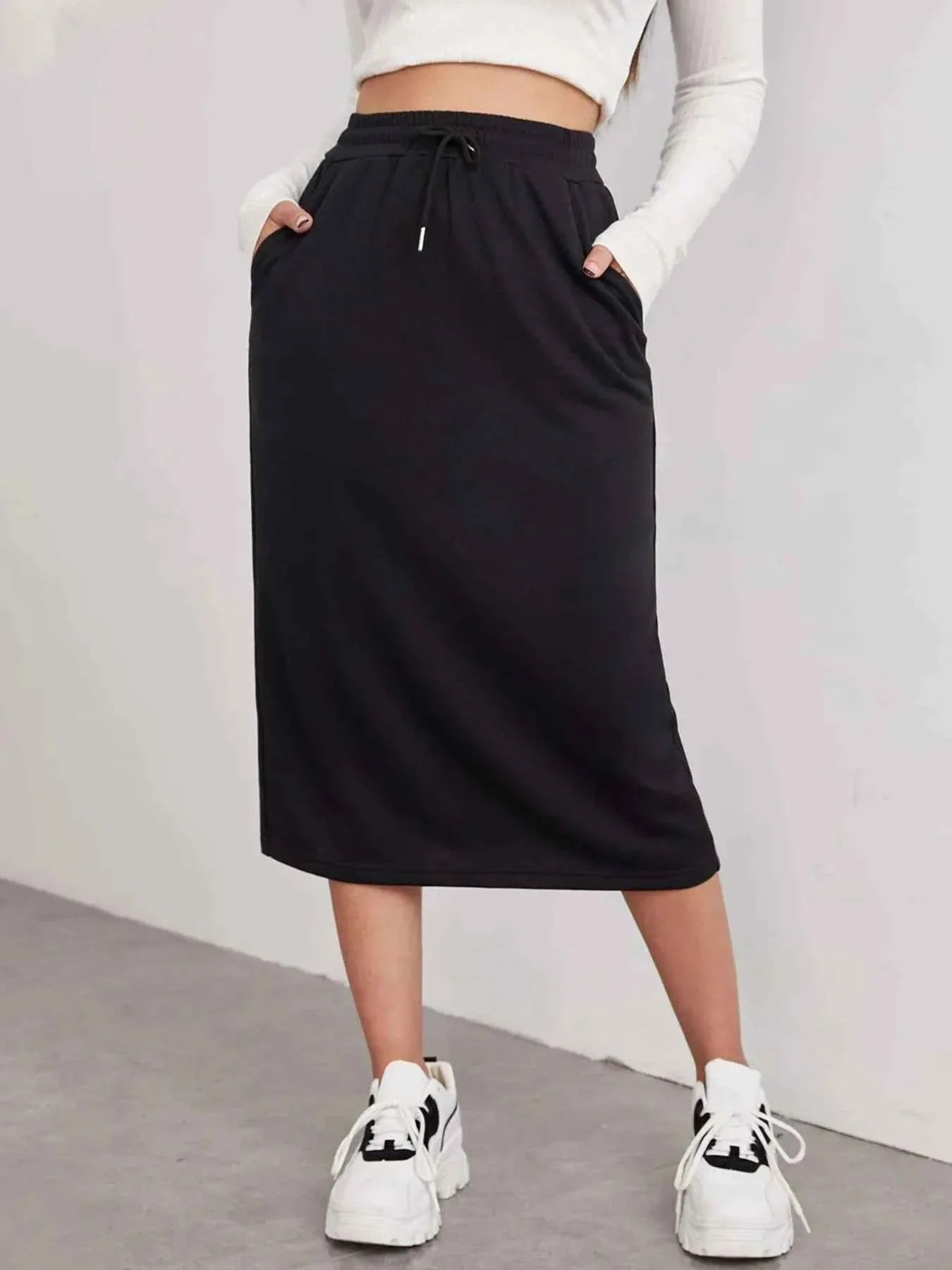 Slit Drawstring Midi Skirt Black 2f9a8b1e51964cec886c6fe170dd3d73-Max-Origin
