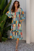 Floral Patchwork Long Sleeve Ruffle Hem Midi Dress Sky Blue 2fa2e7f3-c0ab-47ce-870e-fa65ca1bc83e