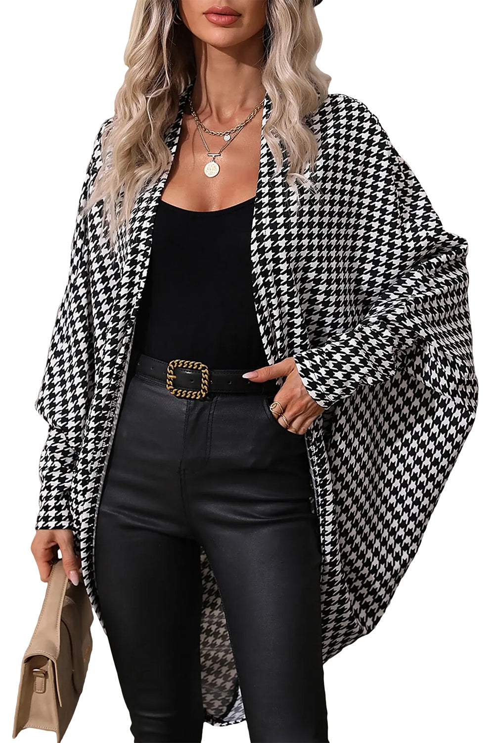Black Houndstooth Print Open Front Long Dolman Cardigan