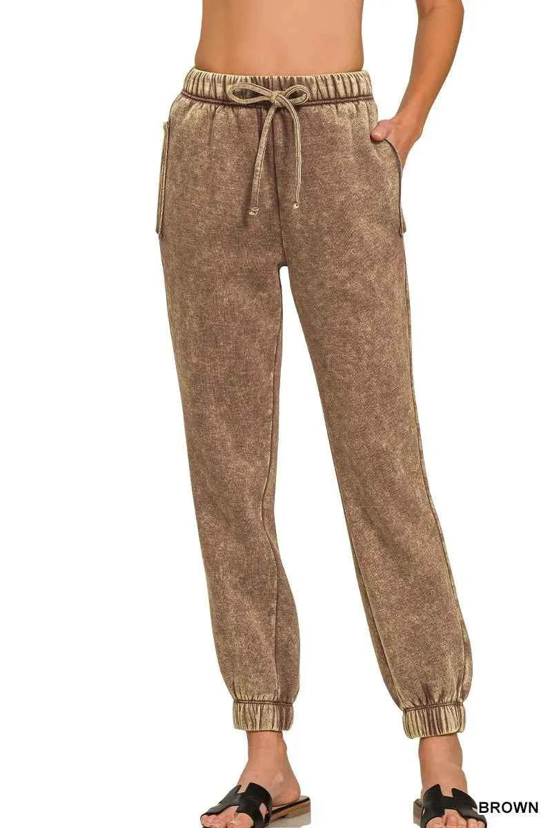 Zenana Acid Wash Fleece Sweatpants with Pockets BROWN 2fa54cb5e232402d99550100f5cf0a93-Max-Origin