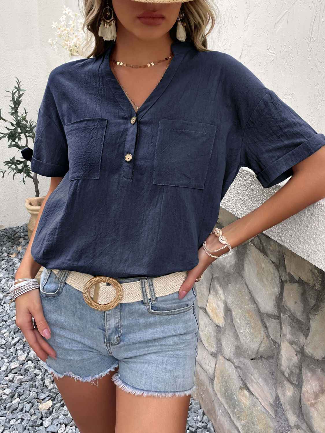 Perfee Buttoned Notched Neck Cuffed Sleeve Blouse 2fac126457df4d38b2b6b2b7b25012ad-Max