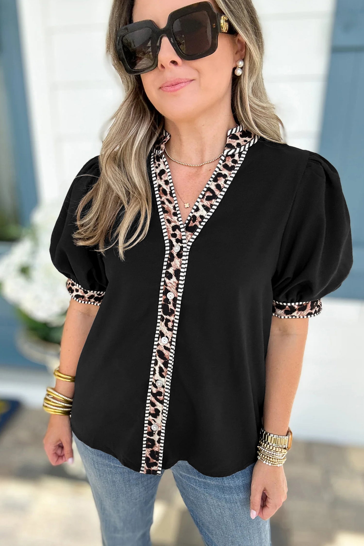 Black V Neck Short Puff Sleeve Contrast Striped Leopard Trim Button Down Shirt 2fb3491573bafbb6
