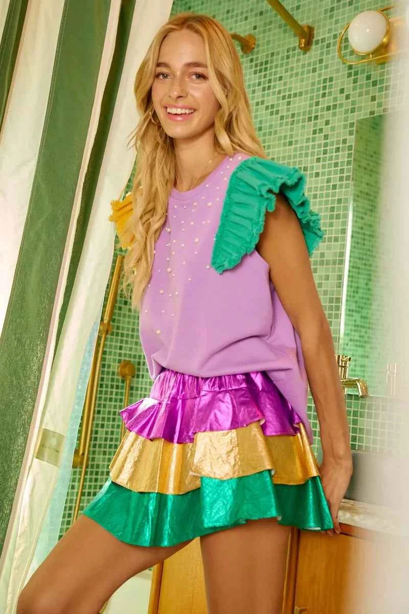 Mardigras Theme Frayed Edge Ruffled Top 2fb5cebddf6e428b8f74efbcaebe47c7-Max-Origin