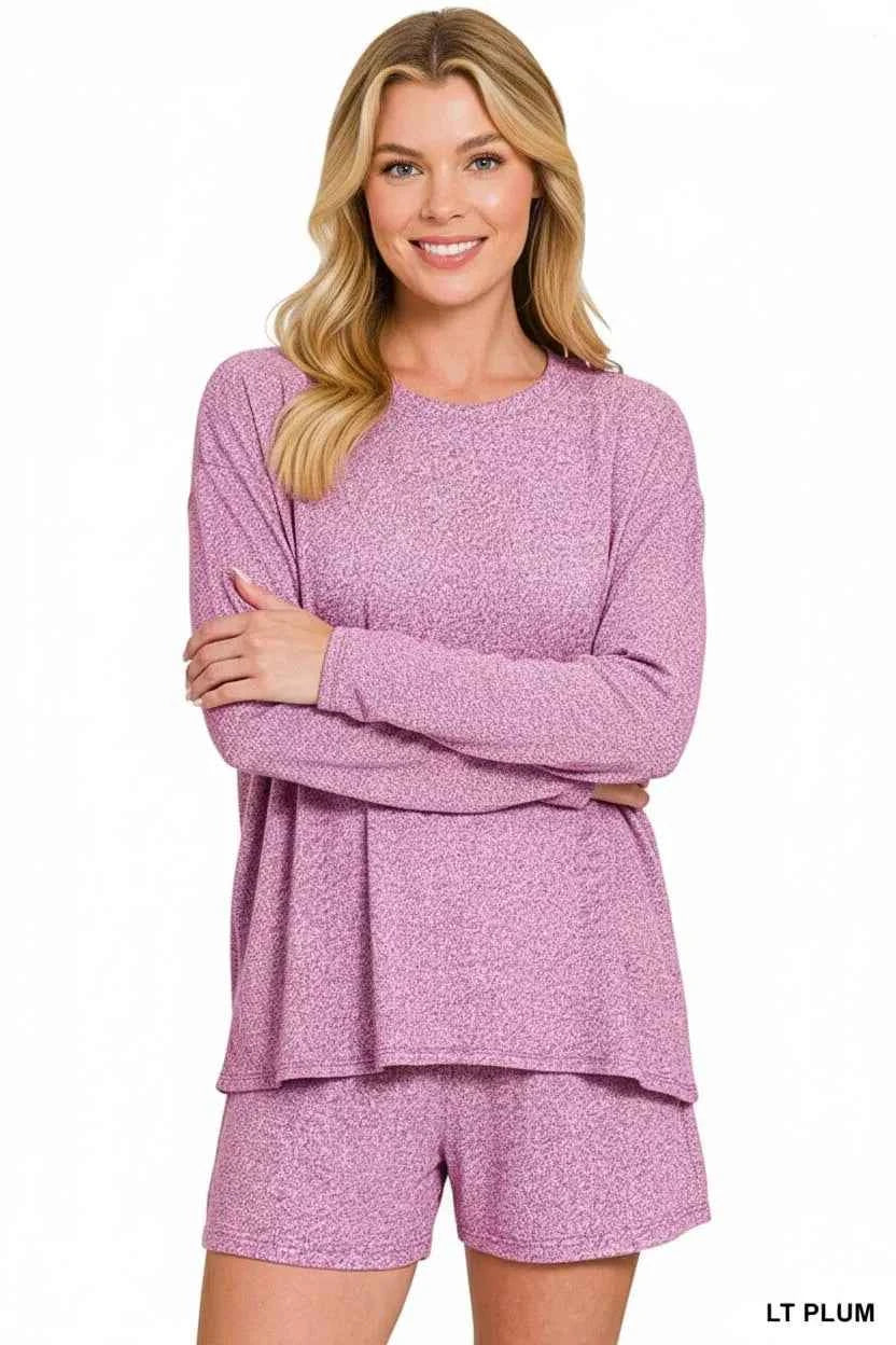 Zenana Soft Melange Long Sleeve Tee and Shorts Set LT PLUM 2fbaefe2-489d-4392-a793-b7202a717f14-Max-Origin