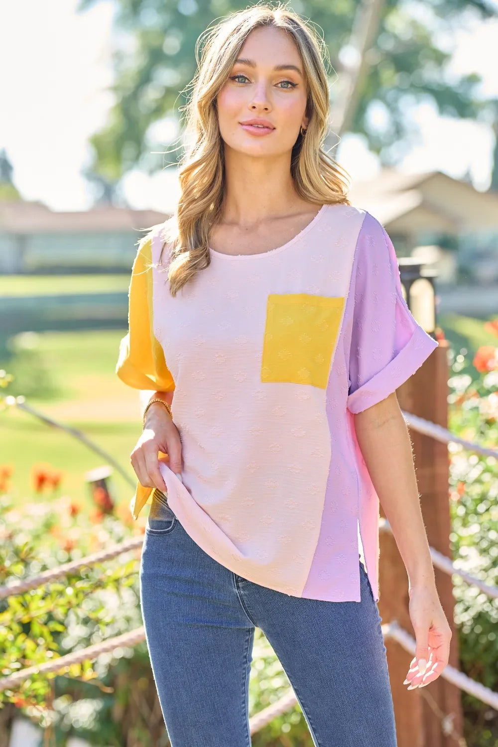 Full Size Color Block Short Sleeve Top Yellow 2fbd8d92-7cc0-45b1-b810-b6c8898cf092-Max