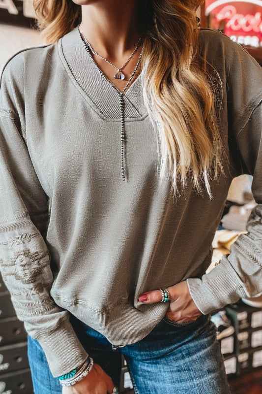 Western Aztec Embroidered Sleeve V-Neck Sweatshirt 2fbf4acc-f3db-4eda-8a4f-bca88dc6c91c