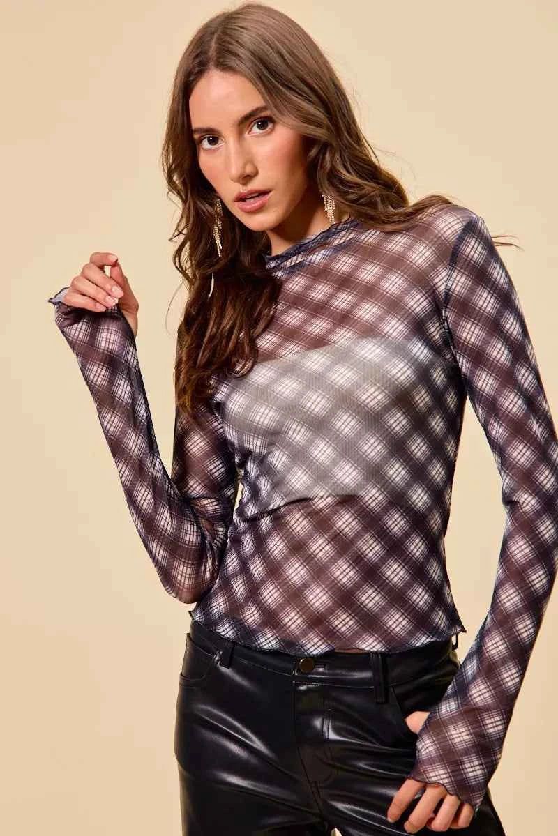 Plaid Mesh Knit Long Sleeve Top with Thumb Opening 2fc110367cae4e23b4f6e789f5012749-Max-Origin