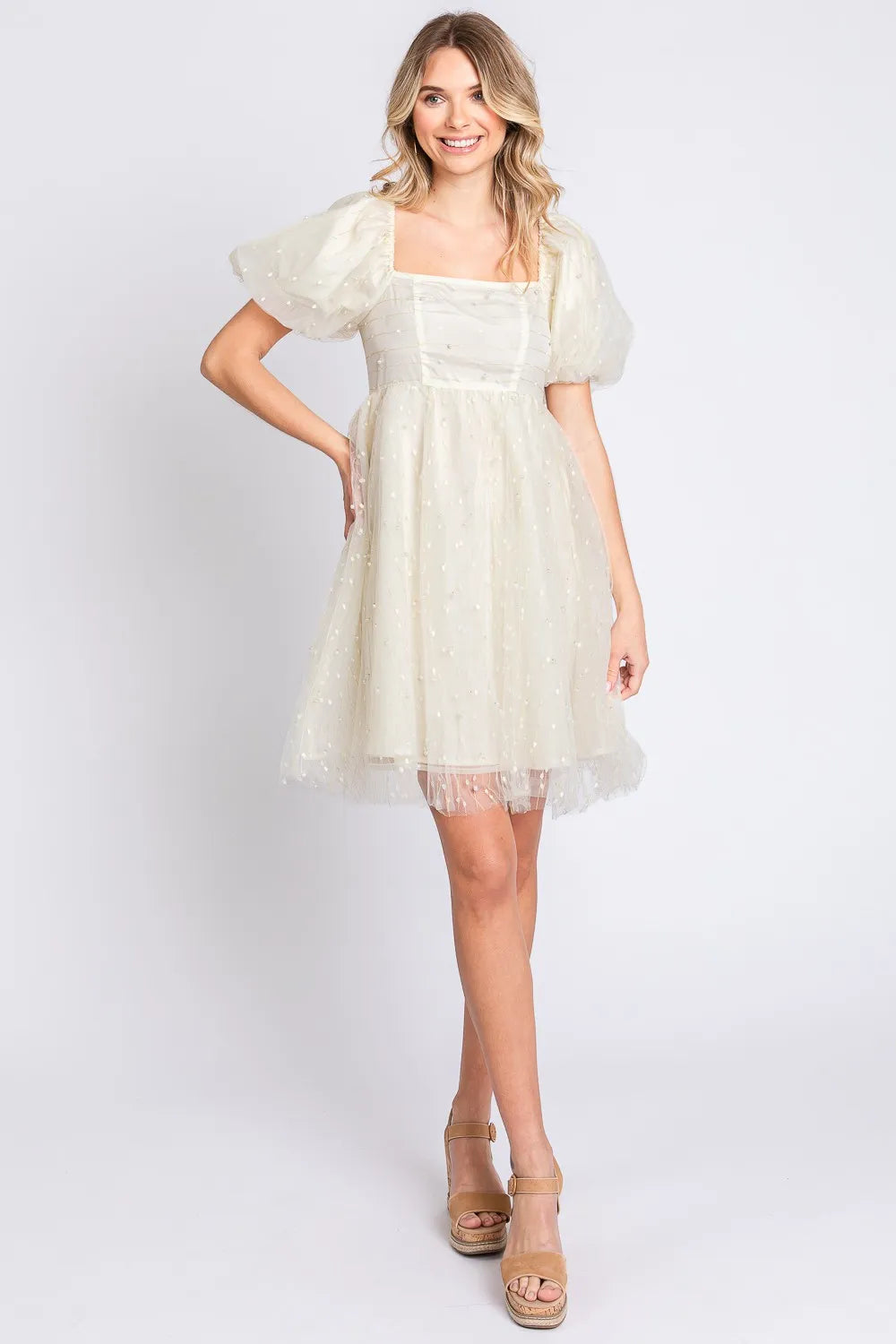 GeeGee Pearl Mesh Puff Sleeve Babydoll Dress Cream 2fc3e519-2d19-469c-912e-d45670ec103e-Max