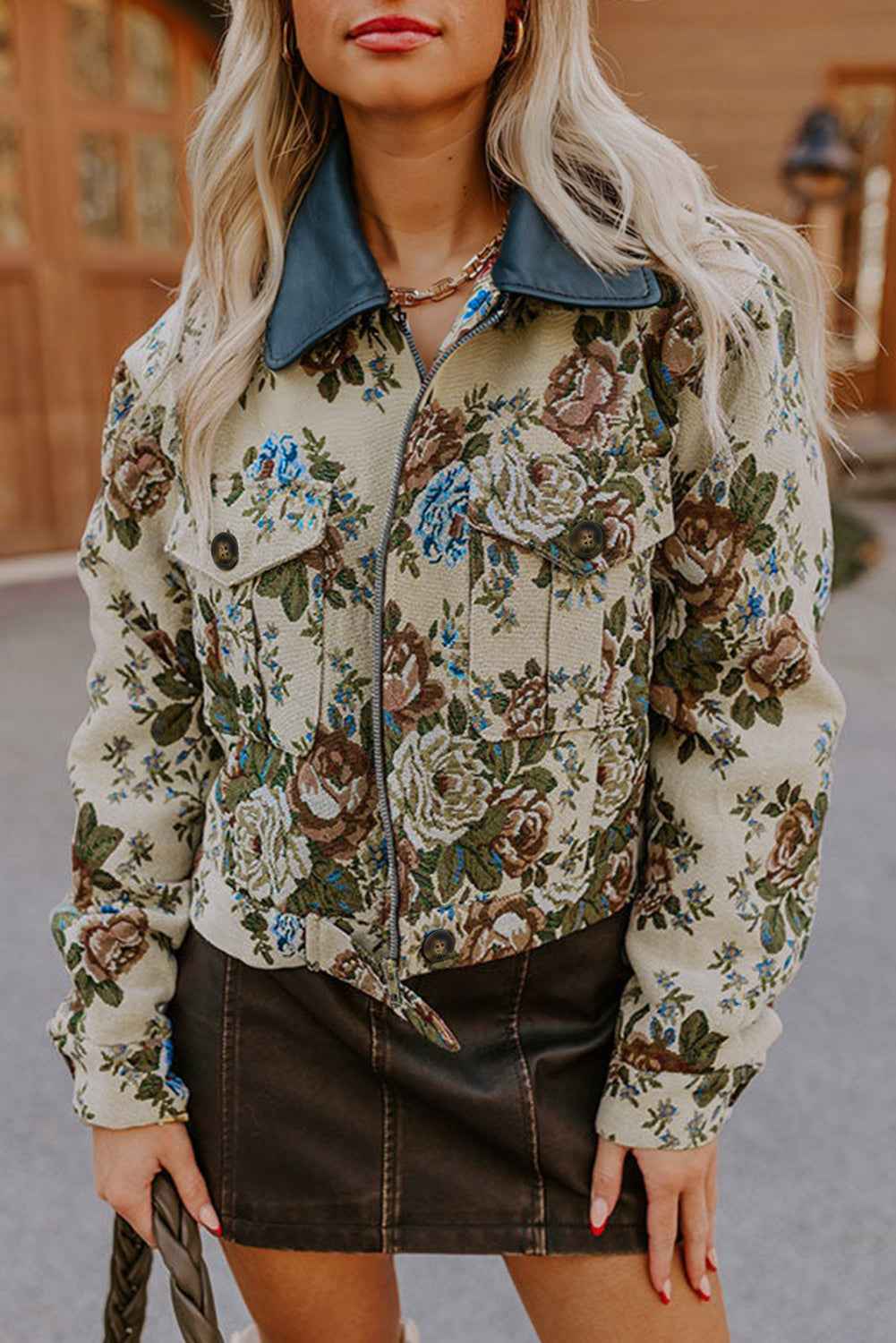 Khaki Floral Print Zip Up Contrast Collared Jacket Khaki 100%Polyester 2fc42ef1a3da1695