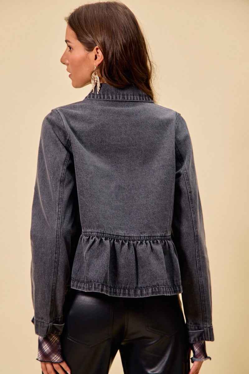 SO ME Denim Peplum Hem Front Button Jacket With Pockets 2fc47158e8f1476498eae7f907a37a8d-Max