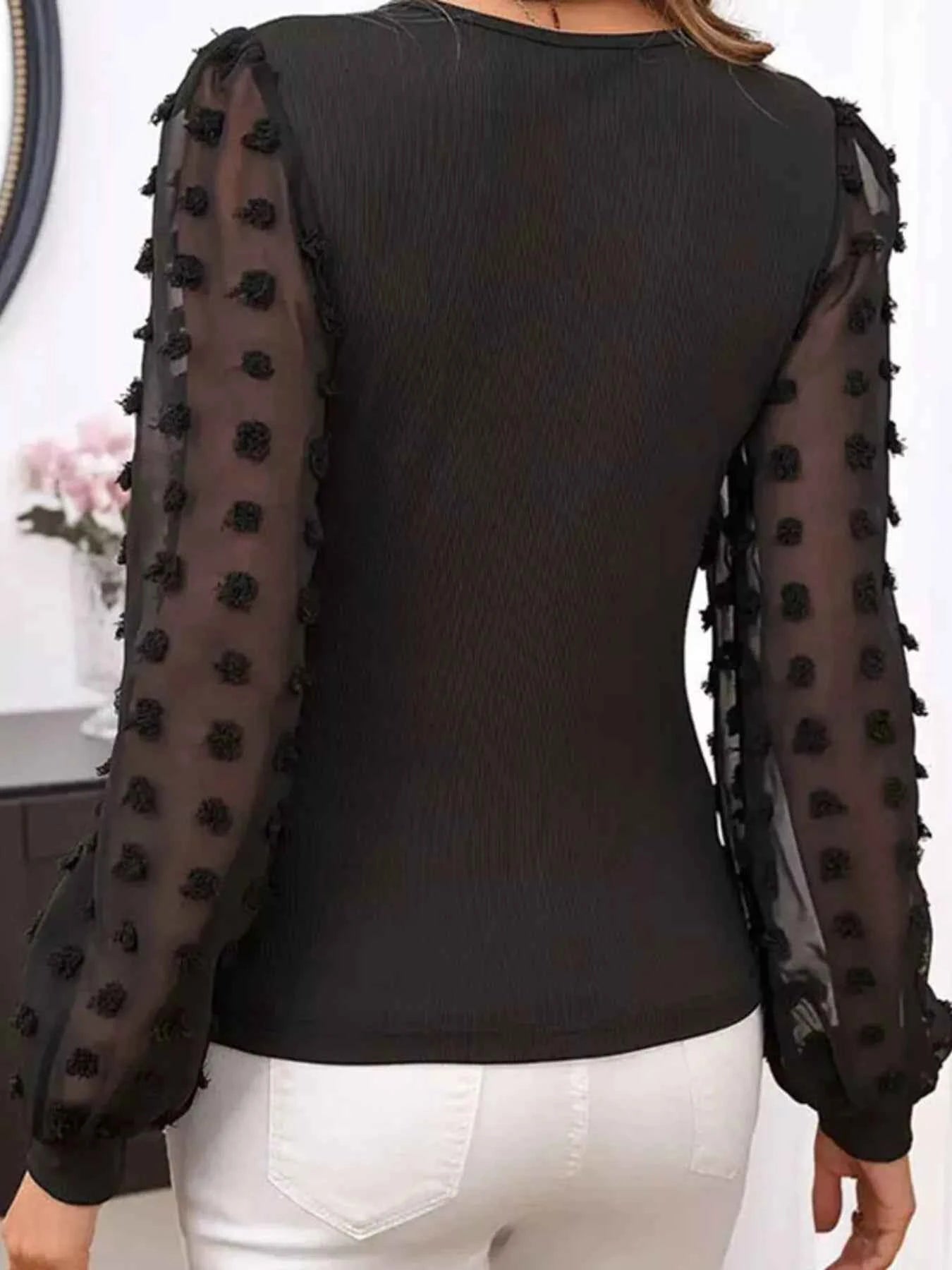 Mesh Sleeve Ribbed V-Neck Top 2fc611e6bc5c4719980cdbd5735c82ca-Max-Origin