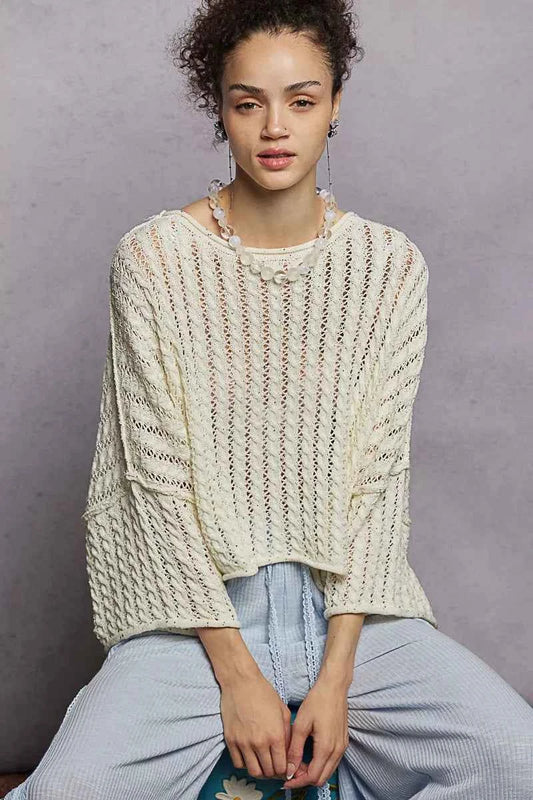 Cable-Knit Openwork Round Neck Cropped Sweater 2fc626b8-c9c3-472c-969d-3cf257c7538d-Max-Origin