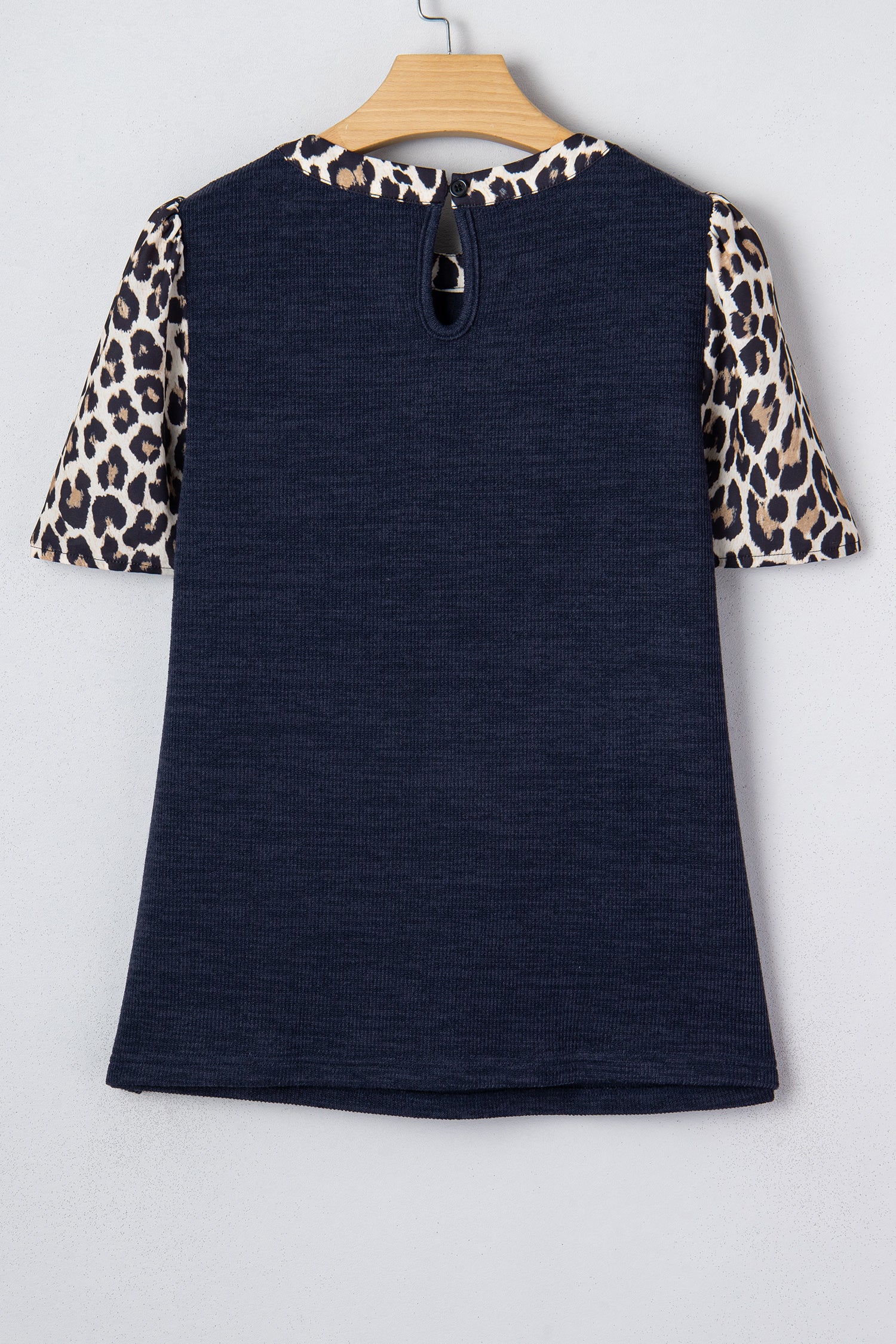 Navy Blue Ribbed Contrast Leopard Patchwork Short Sleeve Top 2fc80cd2c75ecb4e