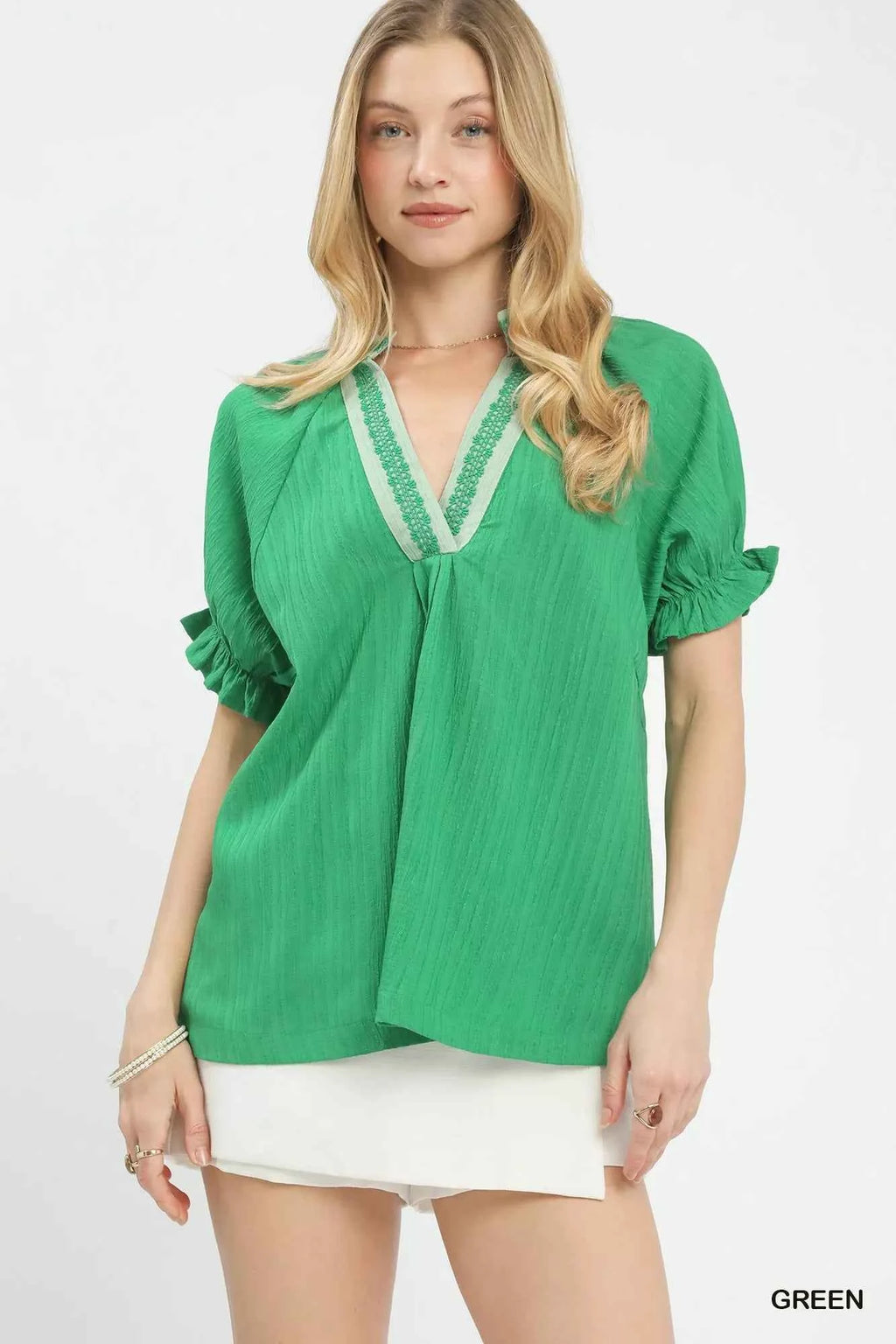 Umgee Textured V-Neck Top with Lace Trim Details GREEN 2fc8fd39-ff87-48dc-b5c1-4108d333e4f7-Max-Origin