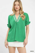 Umgee Textured V-Neck Top with Lace Trim Details GREEN 2fc8fd39-ff87-48dc-b5c1-4108d333e4f7-Max-Origin