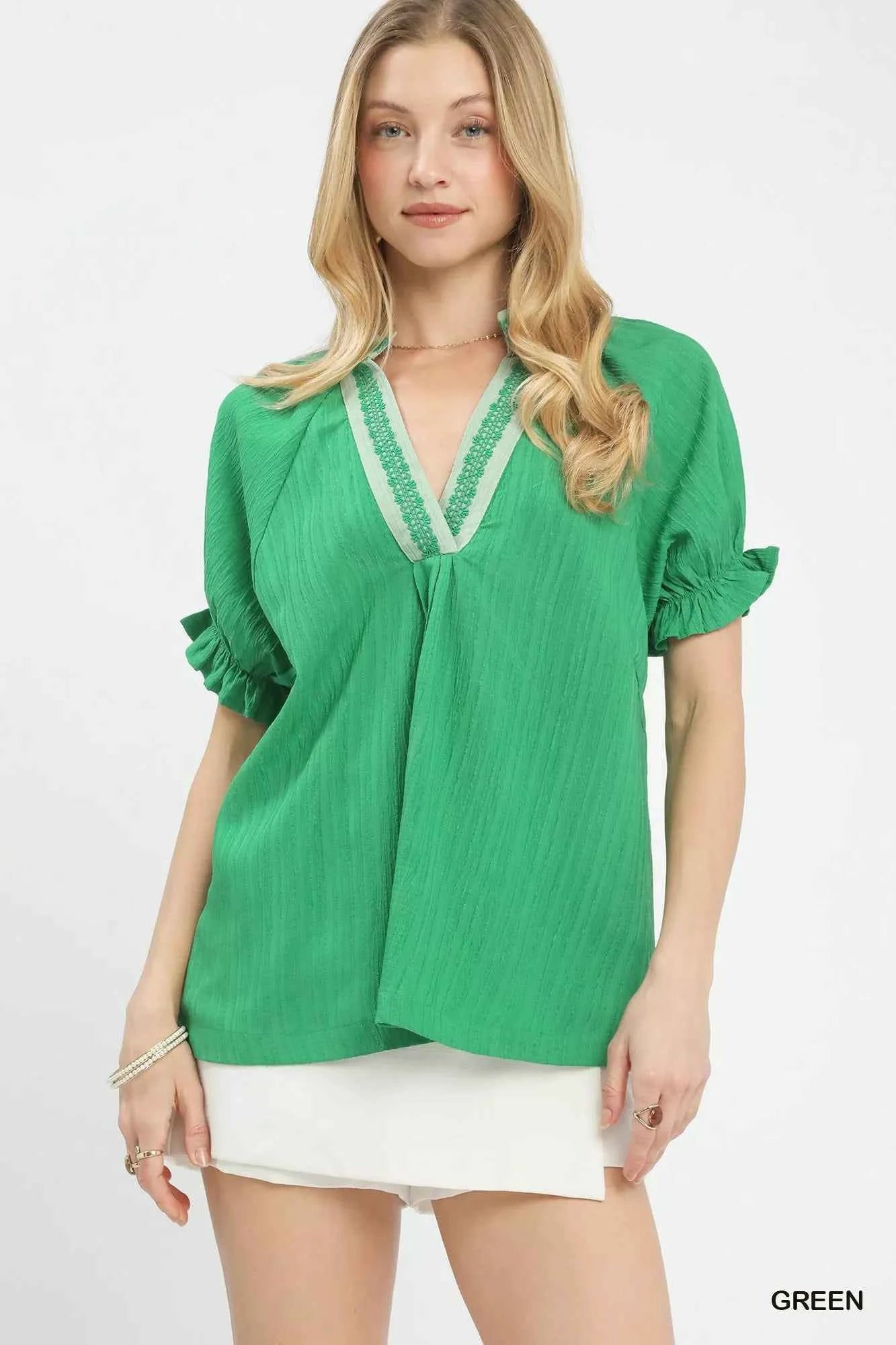 Umgee Textured V-Neck Top with Lace Trim Details GREEN 2fc8fd39-ff87-48dc-b5c1-4108d333e4f7-Max-Origin