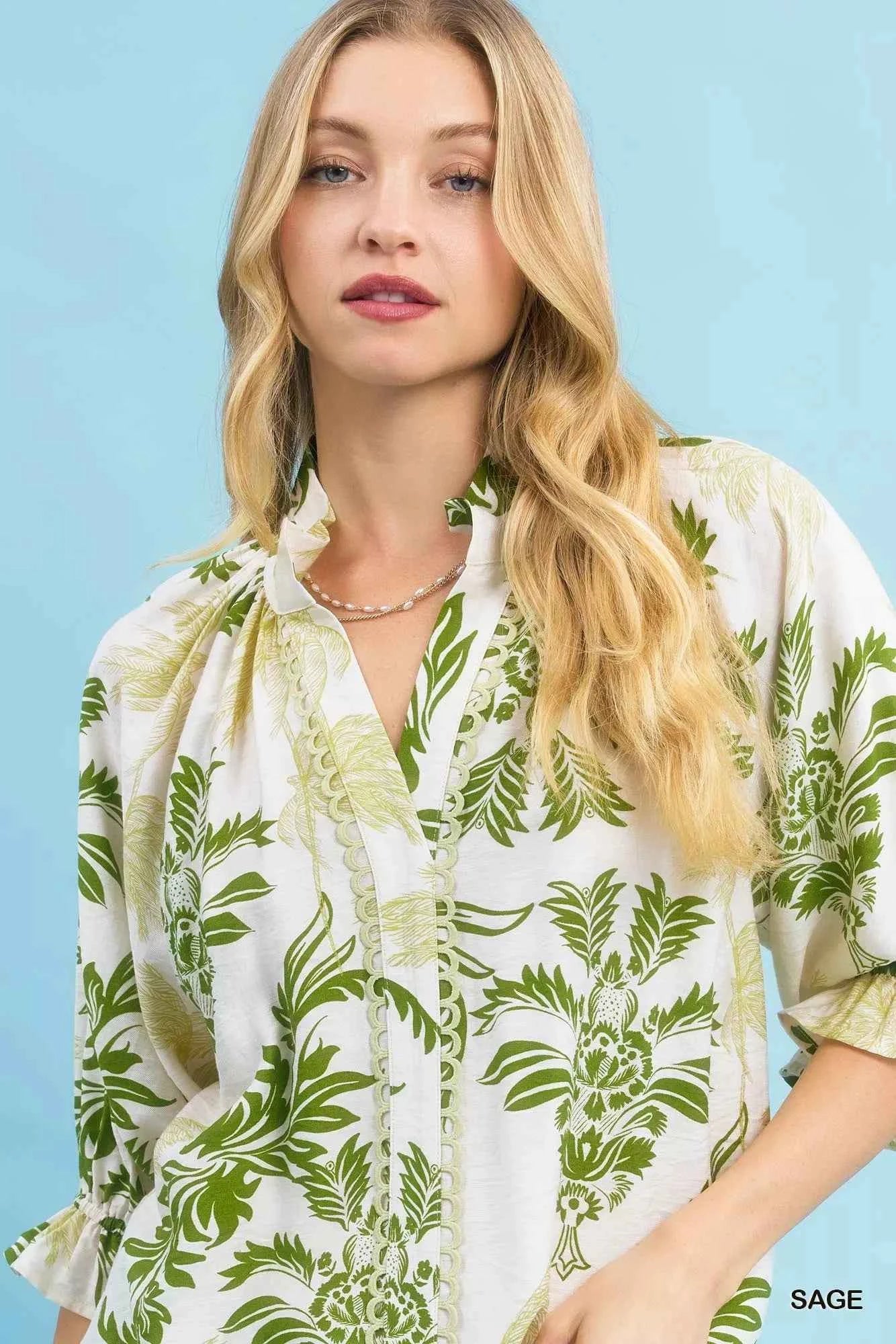 Umgee Leafy Damask Print Blouse with Contrast Scalloped Trim Detail