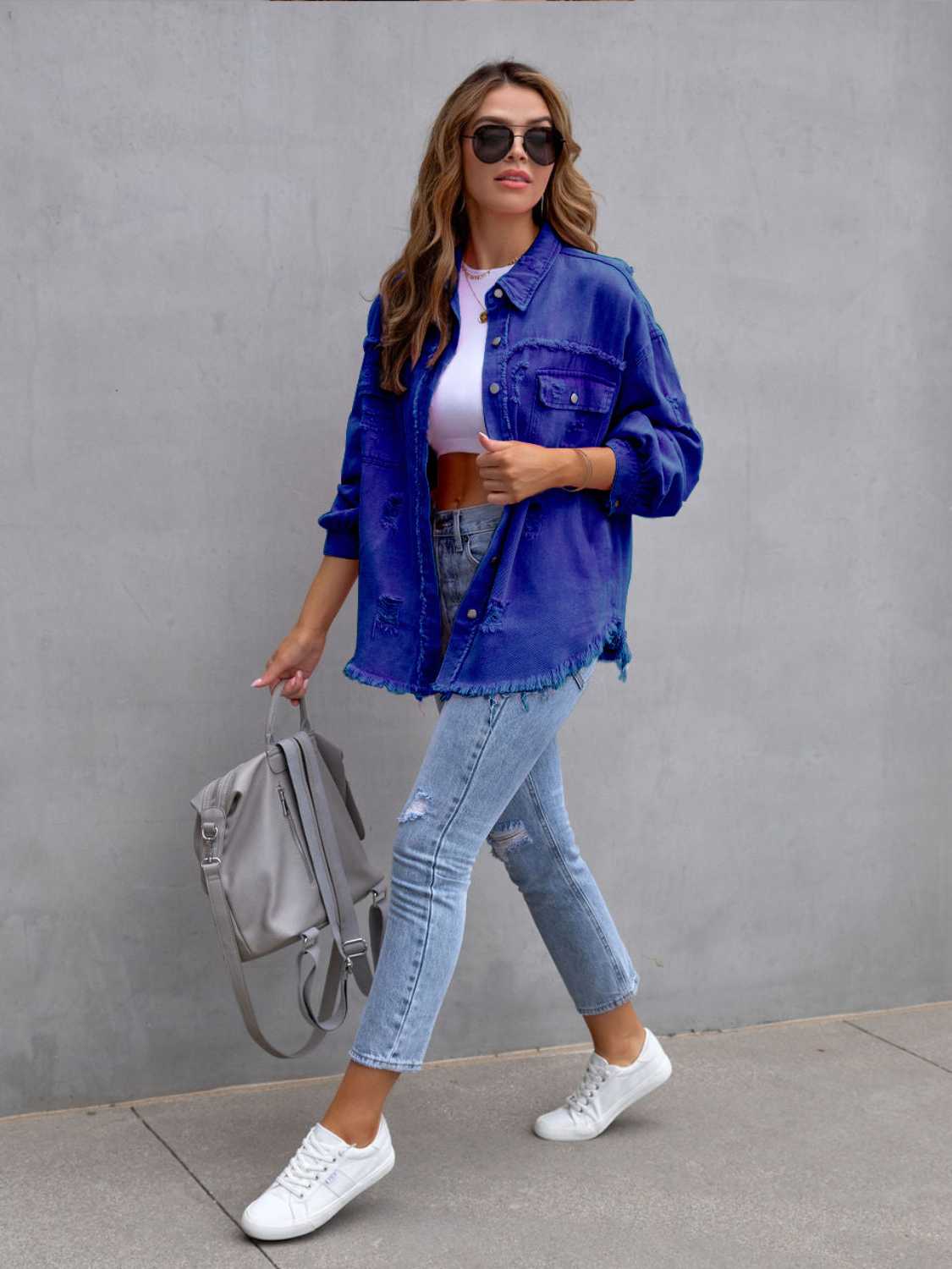Distressed Drop Shoulder Denim Jacket 2fcadf1be2a2478aa47d78bb0e1850a0-Max