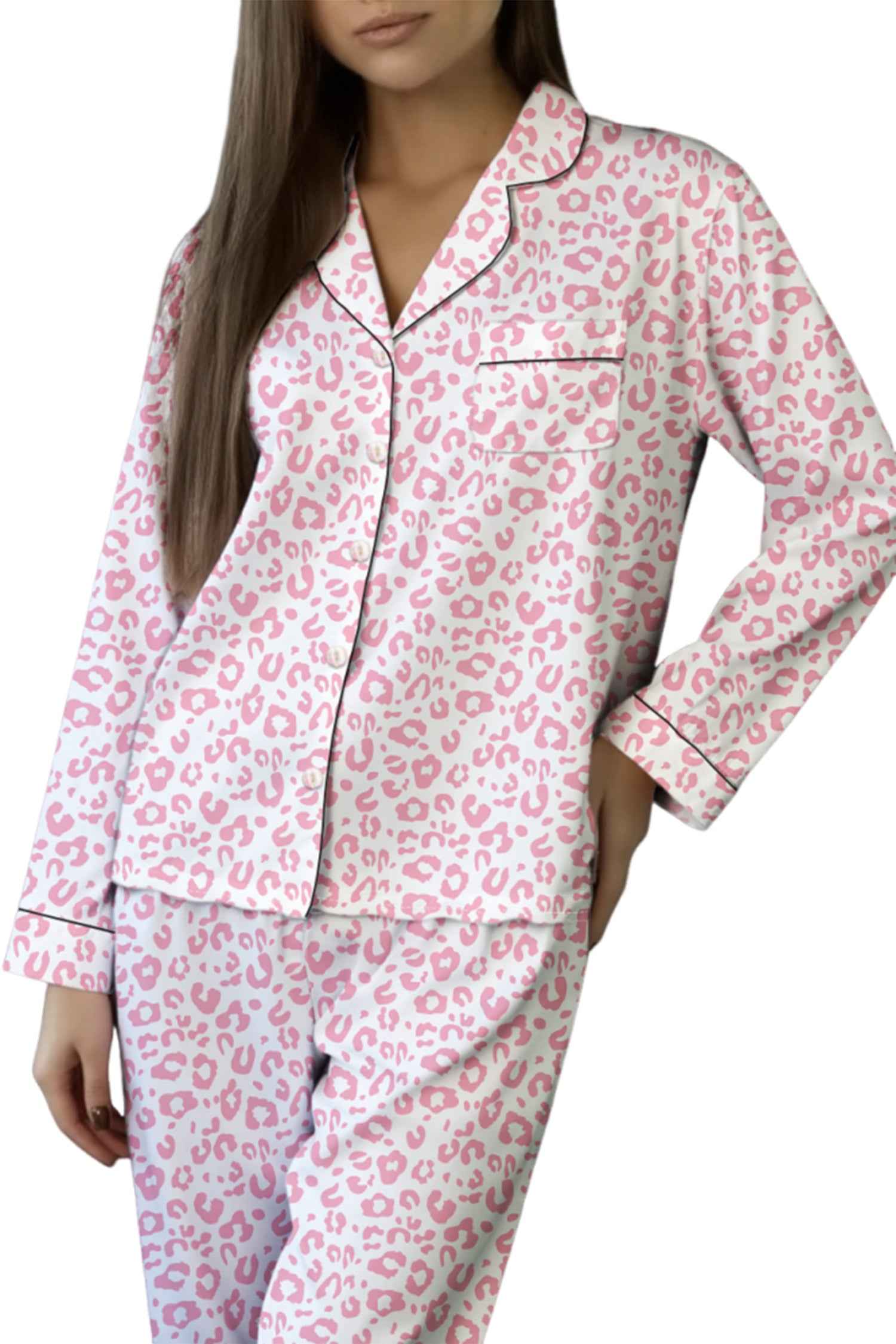 Pink Leopard Print Long Sleeve High Waist Pajama Set 2fcbc05b202a6adc