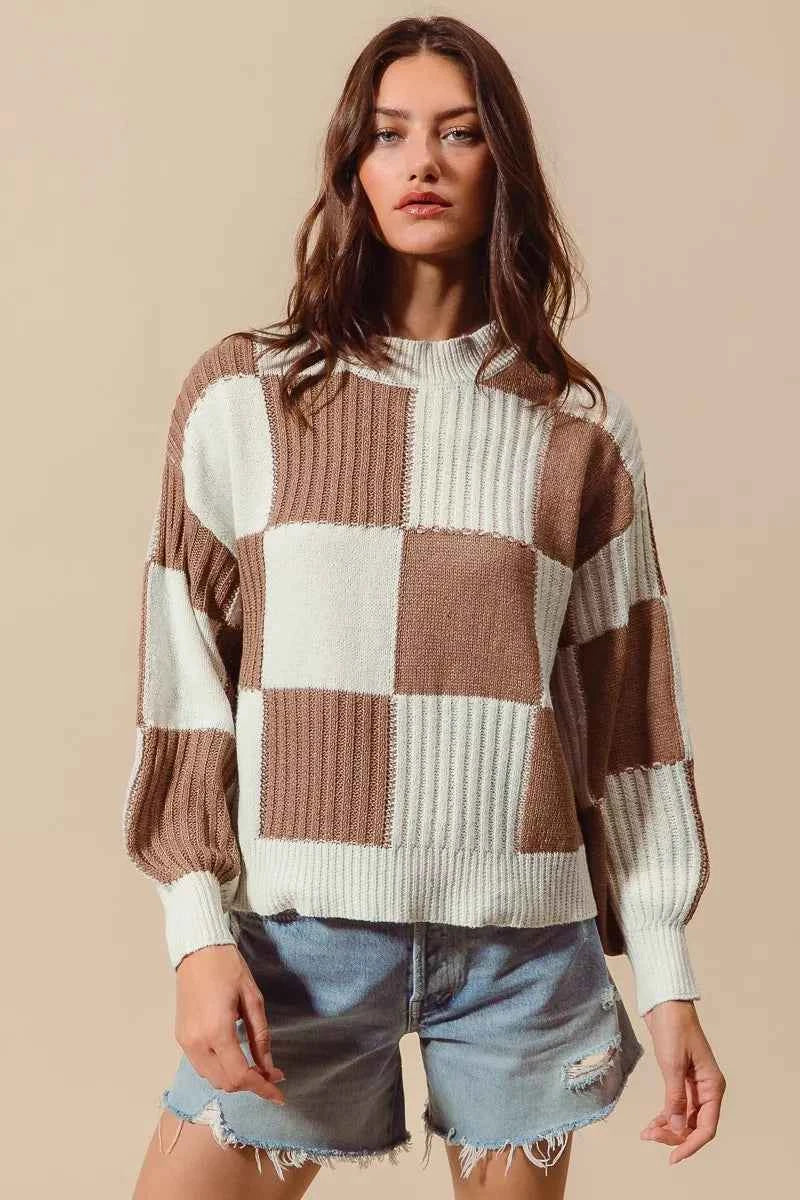 SO ME Ribbed Color Block Checkered Plaid Sweater COFFEE IVORY 2fcc844cd8d64b1188bf101cc92caebe-Max-Origin