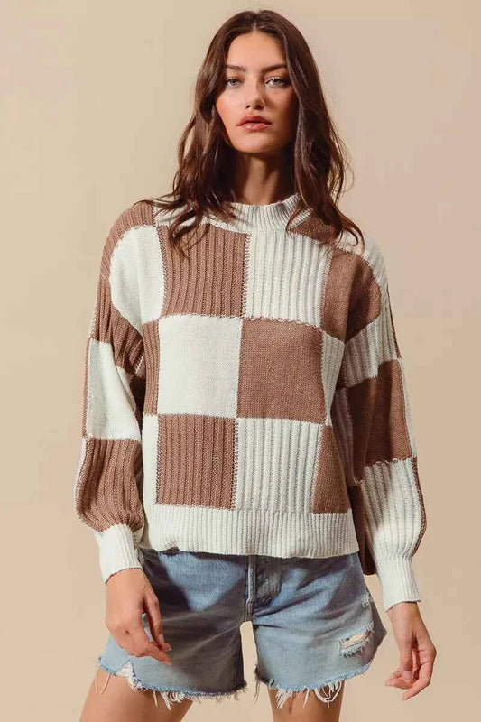 SO ME Ribbed Color Block Checkered Plaid Sweater COFFEE IVORY 2fcc844cd8d64b1188bf101cc92caebe-Max-Origin