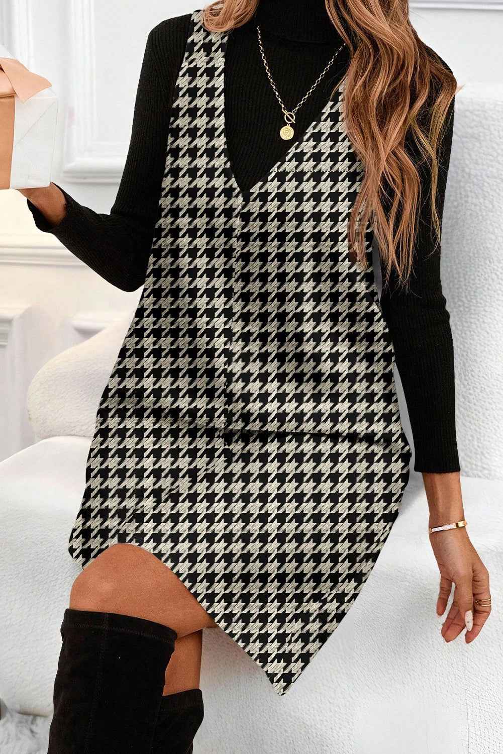 Red Houndstooth Print V Neck Sleeveless Mini Dress 2fcd91754f589b89