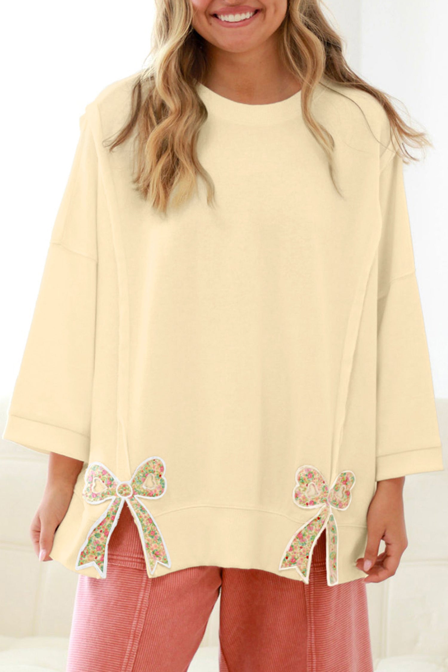 Beige Plus Size Raw Seam Detail Floral Bow Patched Baggy Pullover Beige 65%Polyester+35%Cotton 2fd868a8711a295d