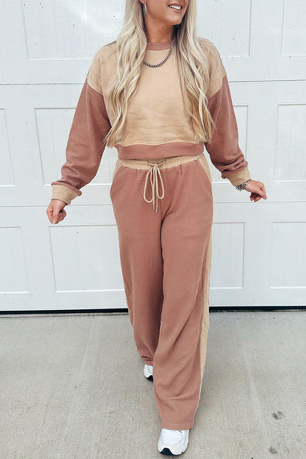 Khaki Color Block Long Sleeve Crop Top Drawstring Pant Set Khaki 65%Polyester+35%Cotton 2fd8cd706dd0940e