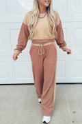 Khaki Color Block Long Sleeve Crop Top Drawstring Pant Set Khaki 65%Polyester+35%Cotton 2fd8cd706dd0940e