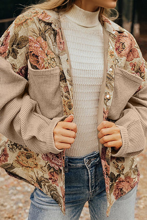 Khaki Floral Waffle Knit Patchwork Chest Pockets Buttoned Jacket Khaki 100%Polyester 2fd9ead904e1f376