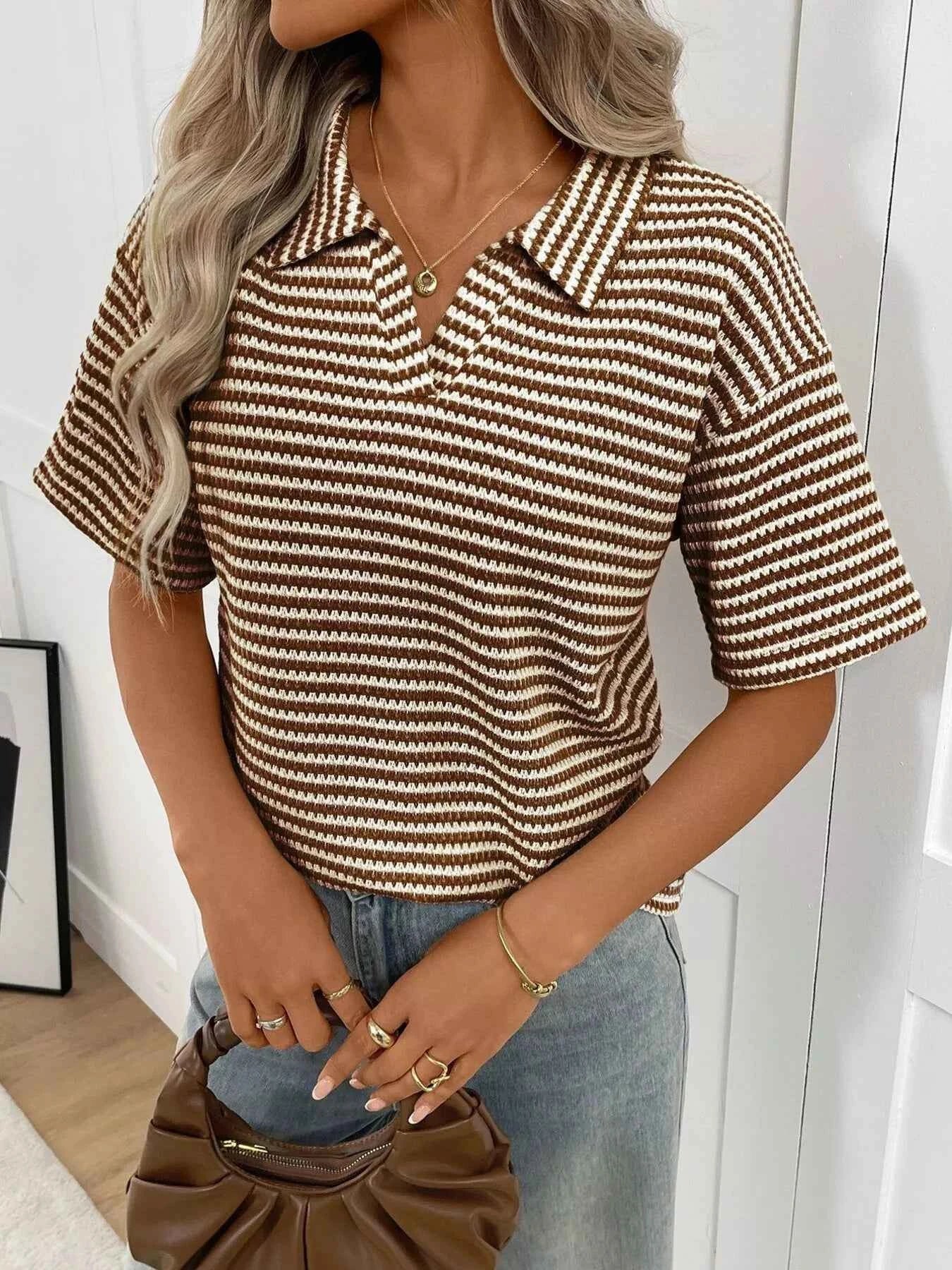 Striped Knit Short Sleeve Top 2fde3e522621404a8d35ff3594cfbfc3-Max-Origin