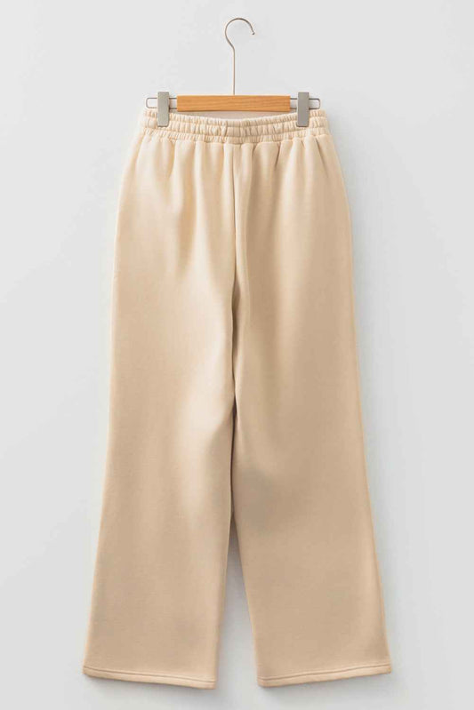 Oatmeal Fleece Lined Leopard Drawstring Elastic Waist Solid Pants 2fe971a3a5fff143