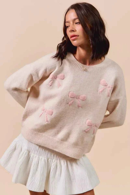 Embroidered Ribbon Round Neck Sweater 2ff677b5a4b148a78145a6d94cf82830-Max-Origin