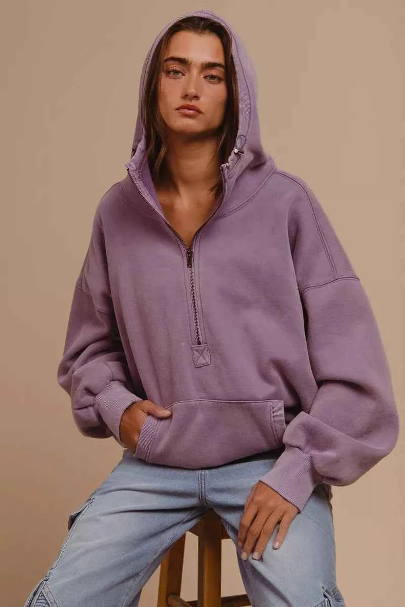 Stitch Detailed Elastic Hem Half Zip Fleece Hoodie 2ff829be-b311-4c18-8c6d-1a5d0f41bd9d-Max-Origin