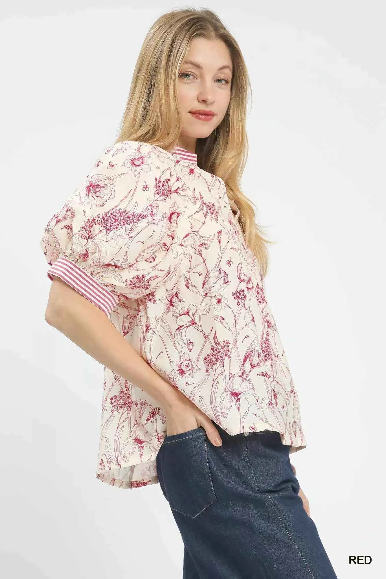 Umgee Mixed Print Puff Sleeve Split Neck Top 3005a3dd-982e-45de-9228-2e3f9d7e626a-Max-Origin