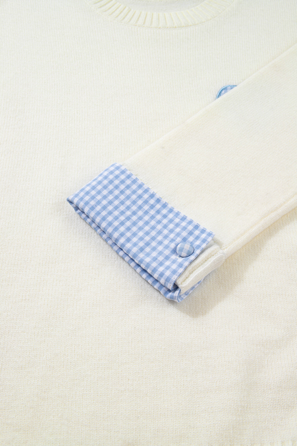 White Plaid Heart Embroidered Cuffed Drop Shoulder Crew Neck Sweater 300704b69f5d2bc8