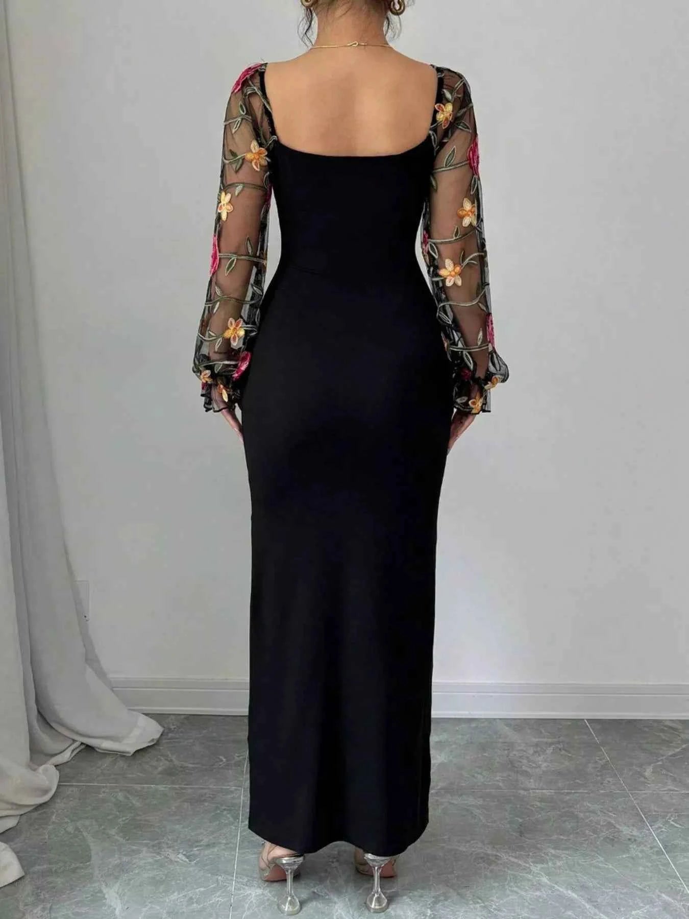 Sheer Floral Mesh Sleeves Bodycon Dress 300b3619-0a72-42de-9da1-a4fe3e911a47-Max-Origin