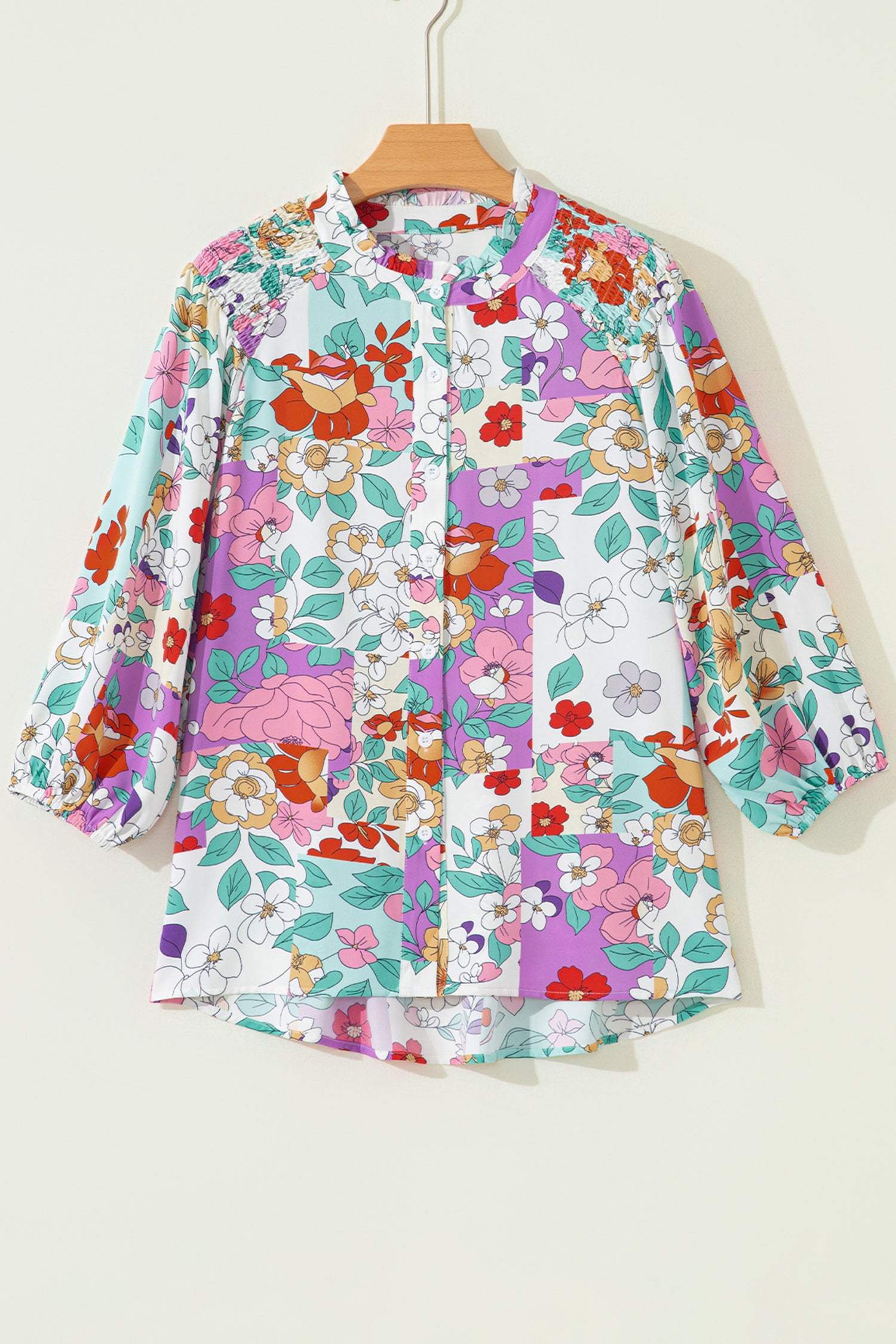 Pink Floral Print Patchwork Frilly Neckline Long Sleeve Shirt 300c4d137aec30e2