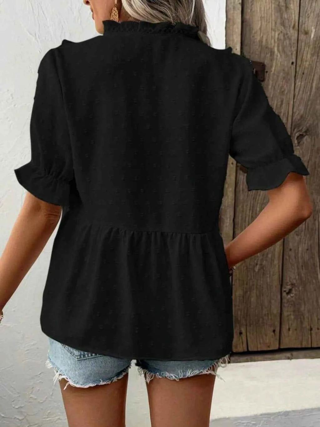 Swiss Dot Ruffled V-Neck Blouse with Flounce Sleeves
