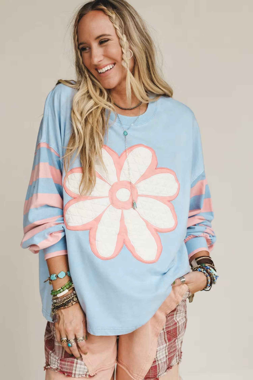 Beau Blue Big Flower Patch Drop Shoulder Striped Long Sleeve Top 3024594ae291f8ec