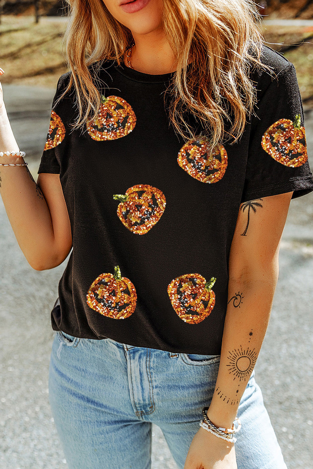 Black Halloween Sequin Pumpkin Face Graphic T Shirt 302a6853a685482b