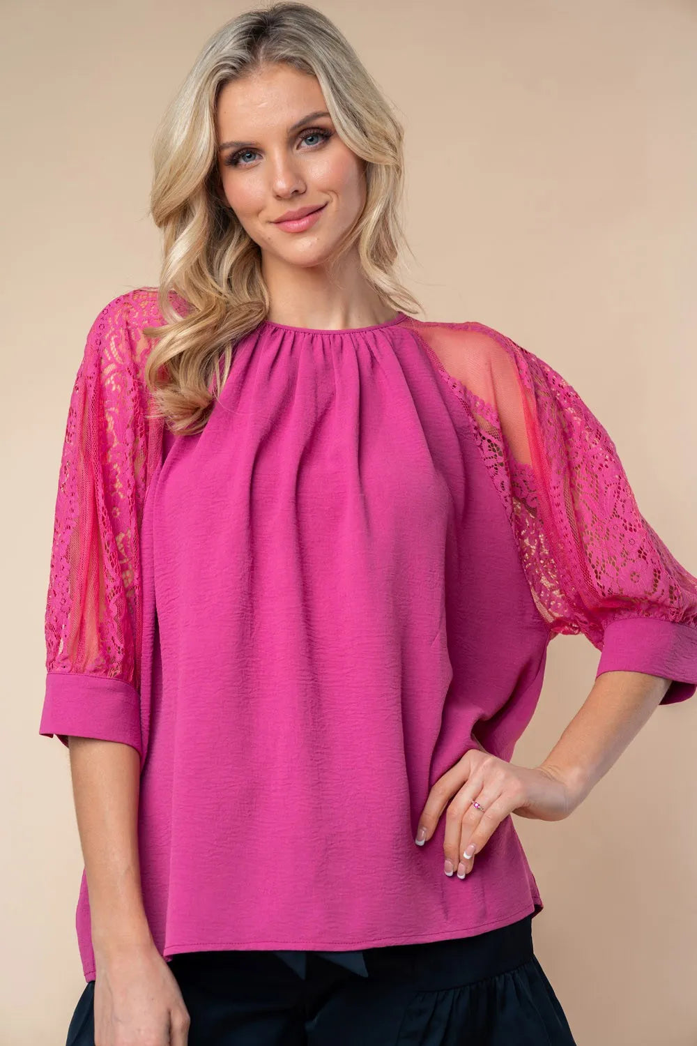 White Birch Round Neck Lace Half Sleeve Blouse 302b3265-8344-4b50-965a-6b2c3b6e2aca-Max