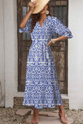 Sky Blue Geometric Print V Neck Casual Long Dress Sky Blue 100%Polyester 302b4033fa82f0fa