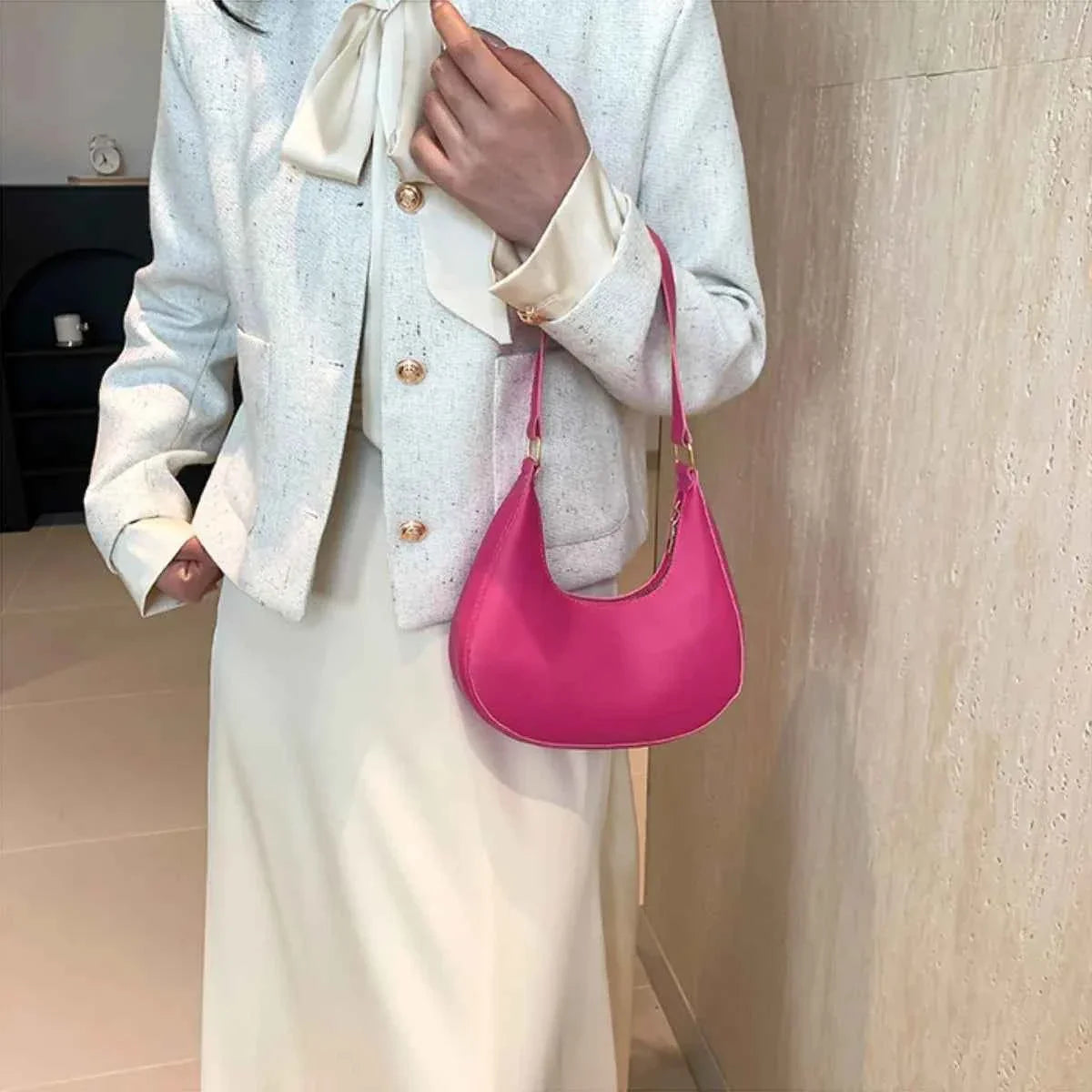 Solid Color Crescent Shoulder Bag Hot Pink onesize 302ffd6a-eb21-4aa5-a481-34681ecb3d93-Max-Origin