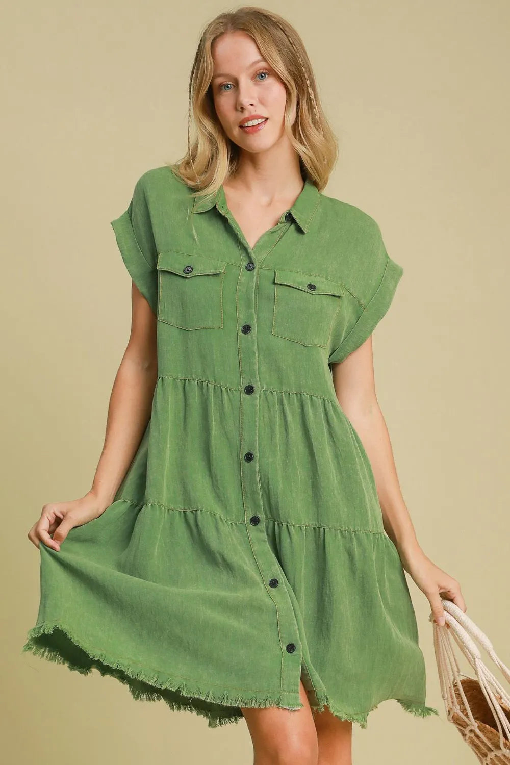 Umgee Full Size Frayed Hemline Button Down Shirt Dress Plus Size Green 303a1b5c-b51e-46f2-b02e-e1f5516d8e2b-Max