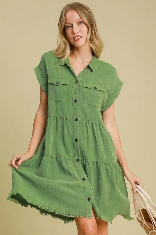 Umgee Full Size Frayed Hemline Button Down Shirt Dress Plus Size Green 303a1b5c-b51e-46f2-b02e-e1f5516d8e2b-Max
