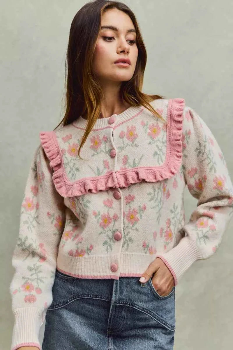 SO ME Flower With Ruffle Detailing Sweater Cardigan 303c7daffb3e4b81906184ab595bc14b-Max-Origin