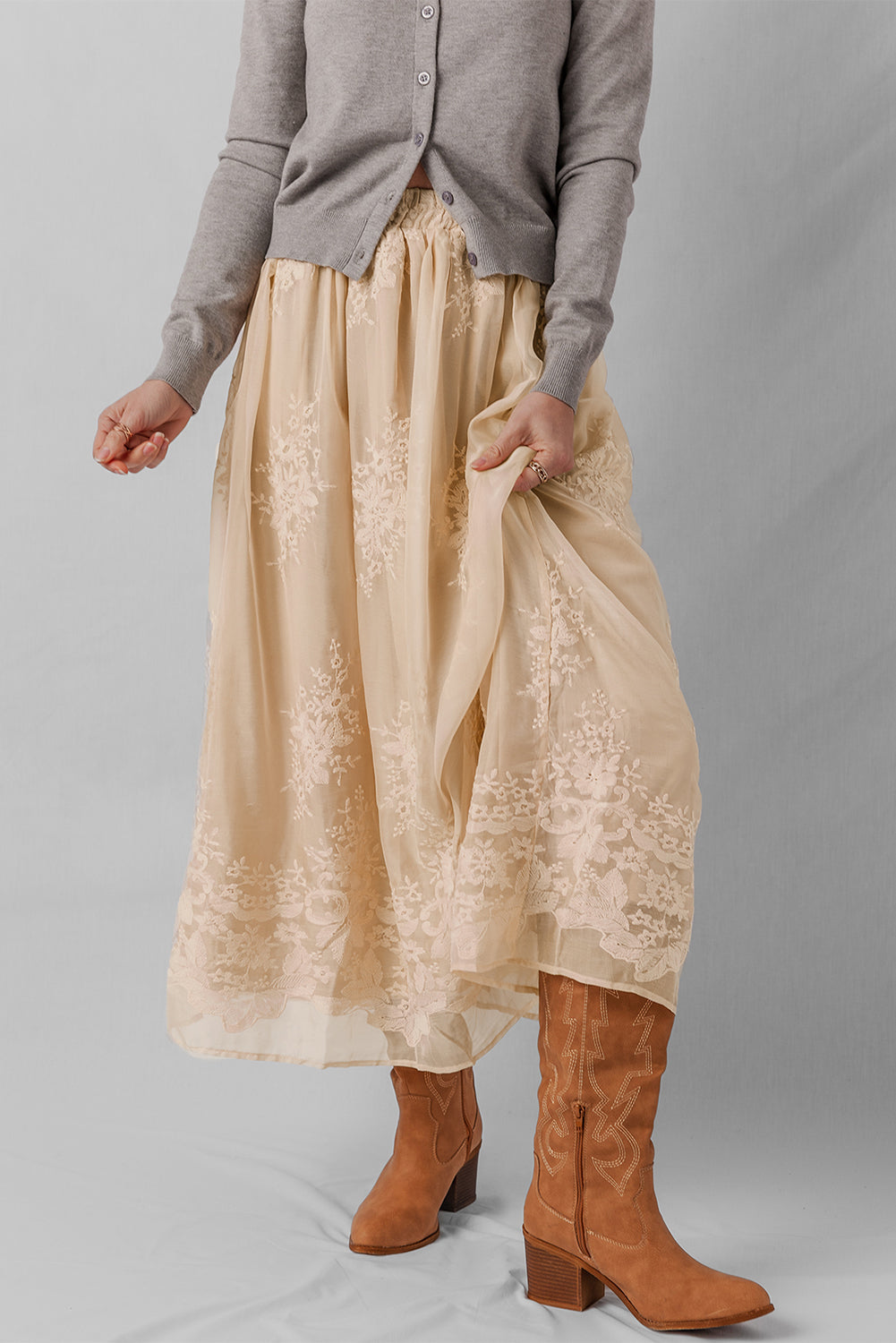 Oatmeal Embroidered Mesh Overlay Flowy Long Skirt 303d019534ab44c5