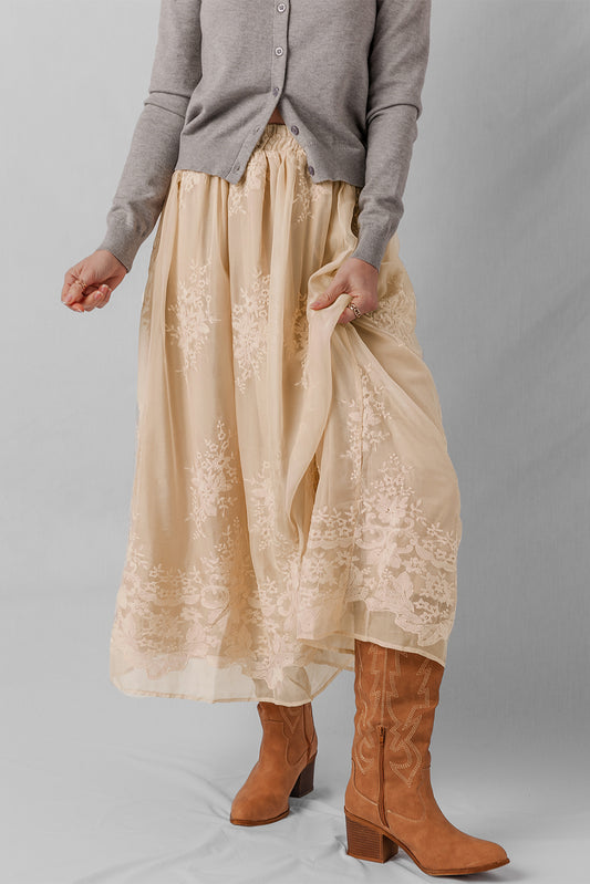 Oatmeal Embroidered Mesh Overlay Flowy Long Skirt 303d019534ab44c5