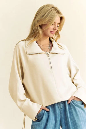 Drawstring Hem Half Zip Raglan Sleeve Sweatshirt Ivory 303d4962-a251-46f7-879c-826d84b4e0ca-Max